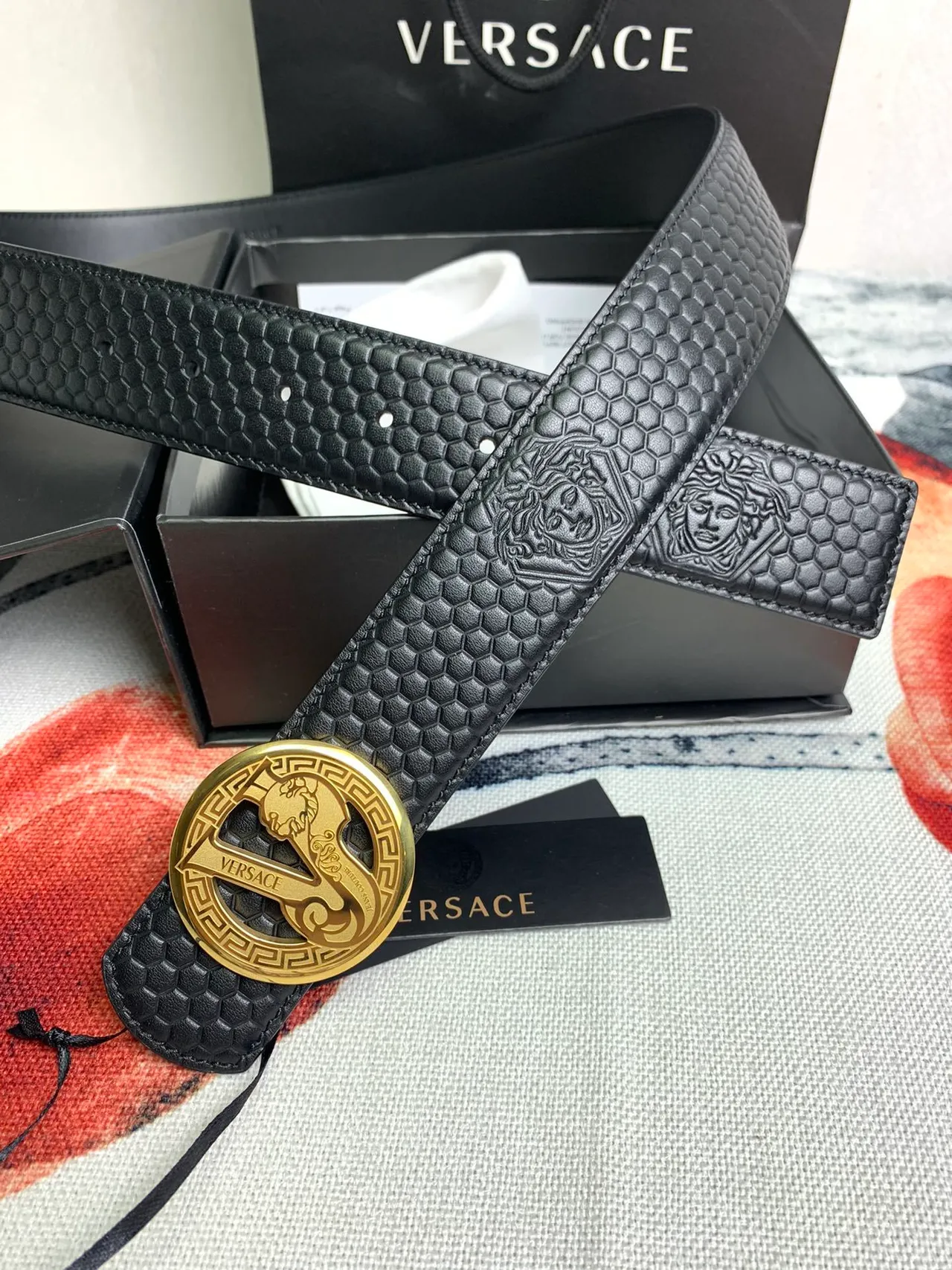 Versace Odissea Black Gold Hexagonal Textured Embossed Medusa Heads Leather Belt 8
