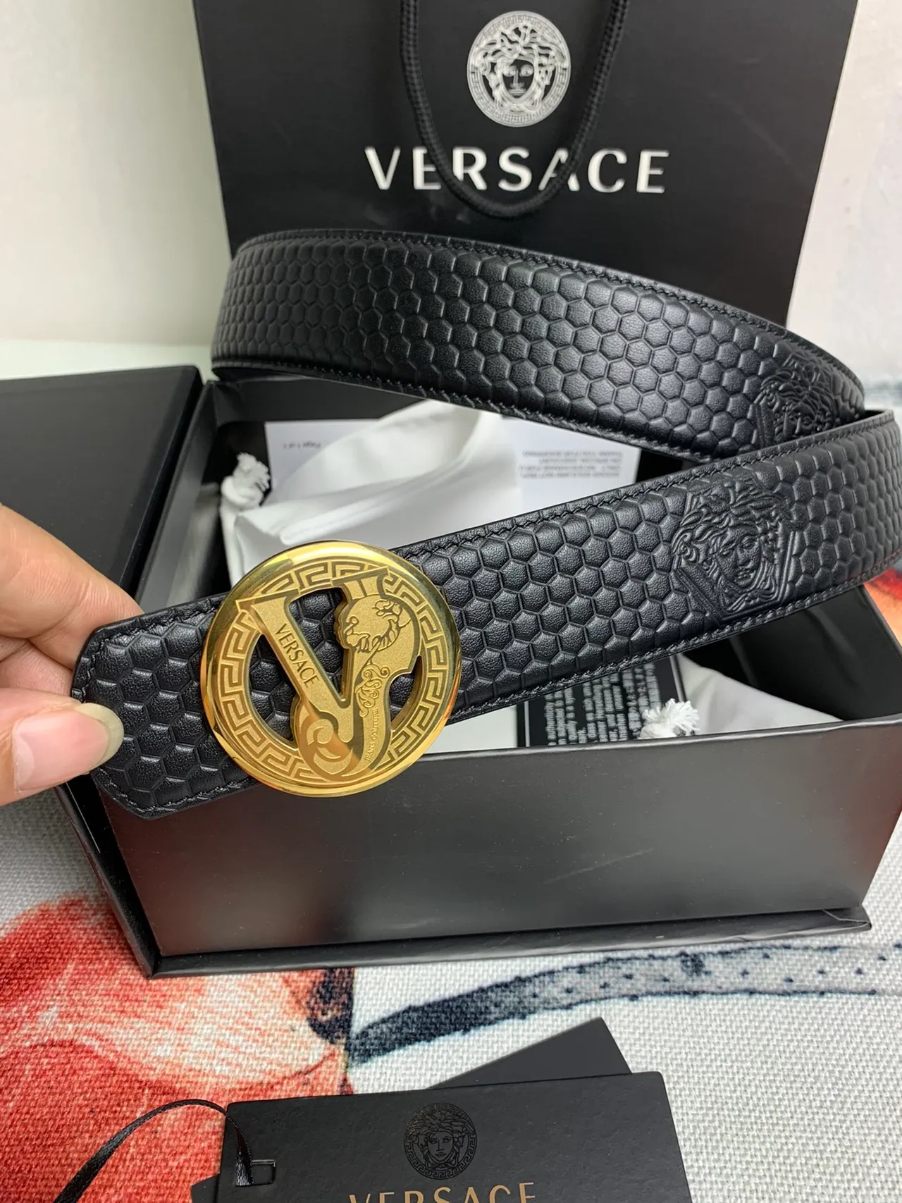Versace Odissea Black Gold Hexagonal Textured Embossed Medusa Heads Leather Belt 9