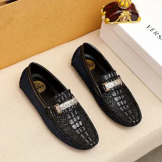 Versace Odissea काला नेवी क्रोकोडाइल एम्बॉस्ड लेदर रिब्ड फैब्रिक सोल लोफर