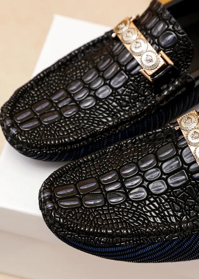 Versace Odissea Black Navy Crocodile-Embossed Leather Ribbed Fabric Sole Loafer 5