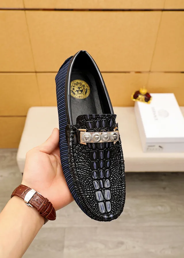Versace Odissea Black Navy Crocodile-Embossed Leather Ribbed Fabric Sole Loafer 7