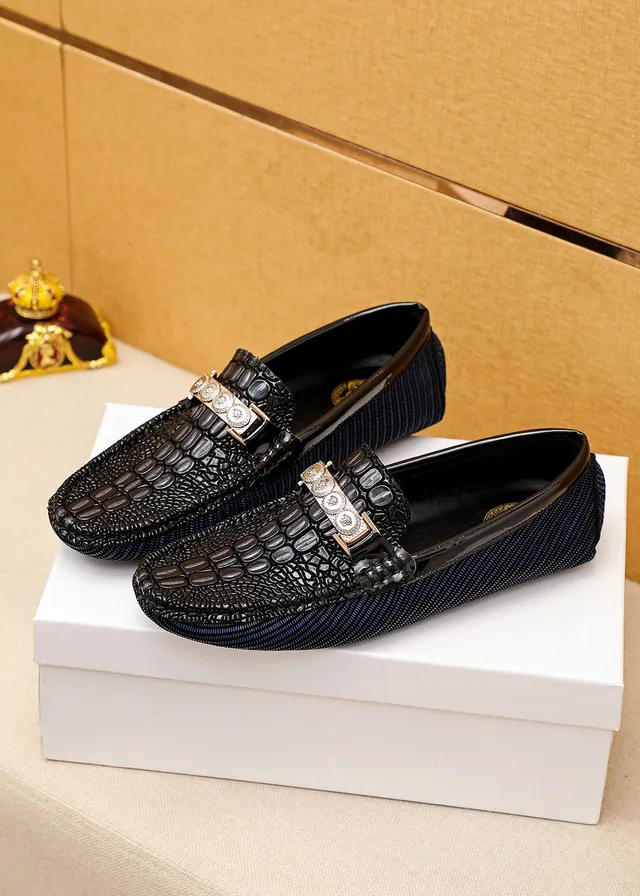 Versace Odissea Black Navy Crocodile-Embossed Leather Ribbed Fabric Sole Loafer 8