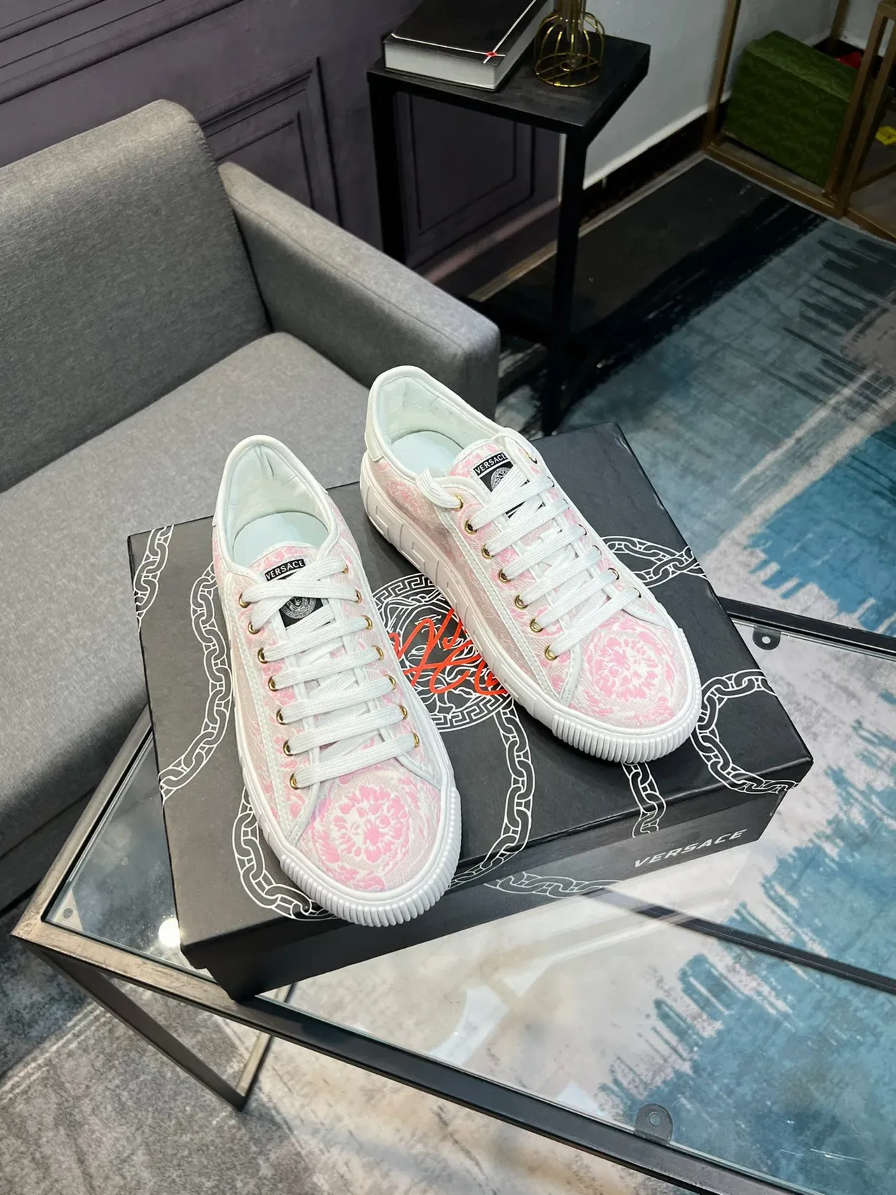 Versace Pink White Floral Jacquard Upper Rubber Sole Lifestyle Sneakers 4