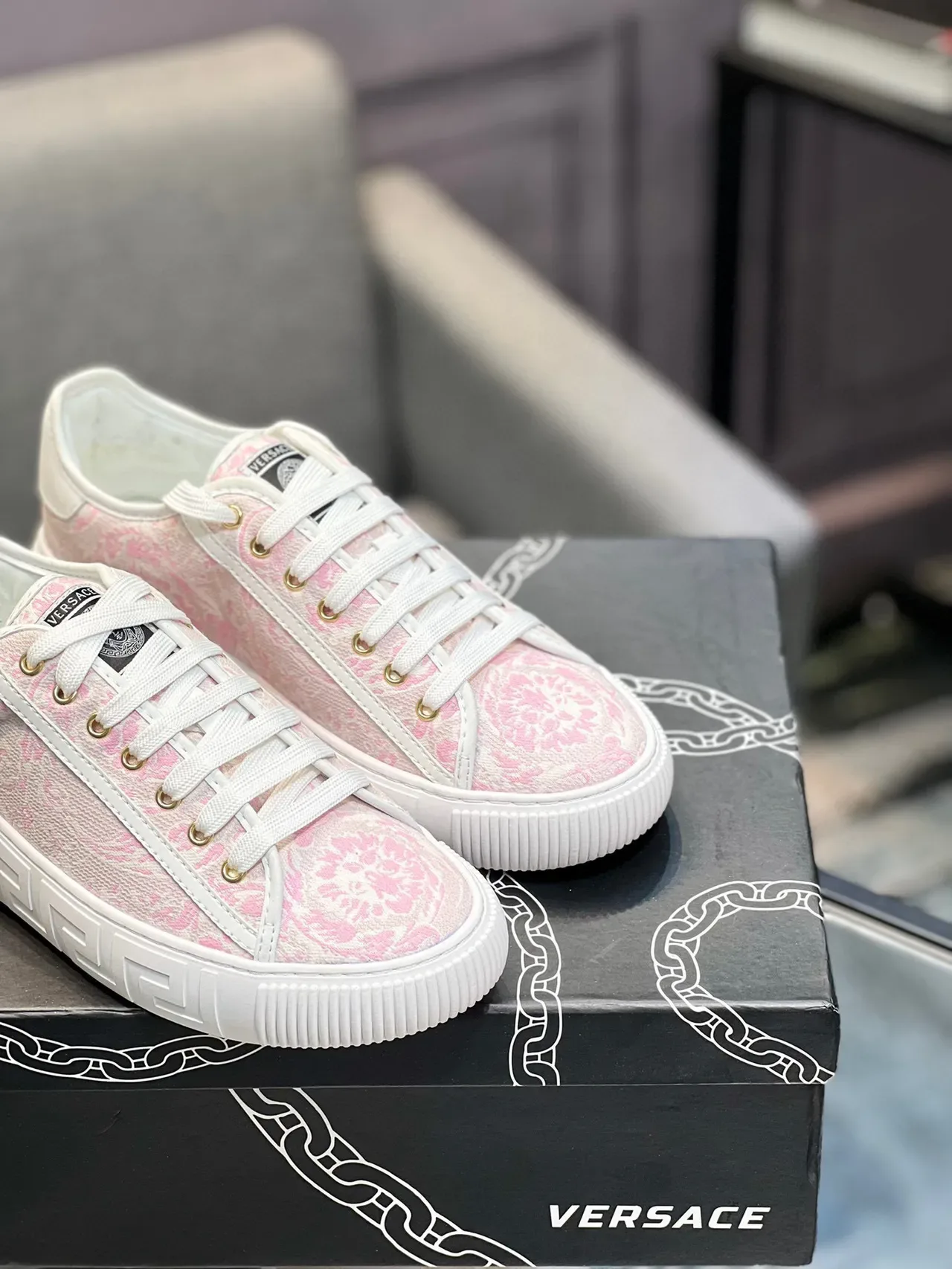 Versace Pink White Floral Jacquard Upper Rubber Sole Lifestyle Sneakers 6
