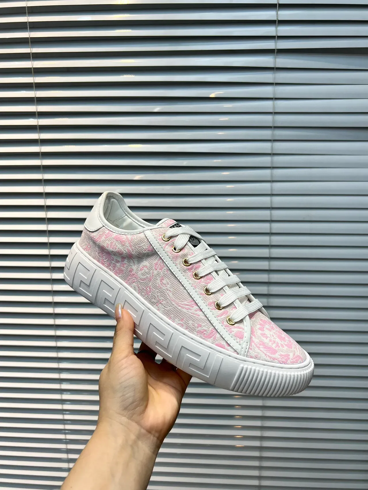 Versace Pink White Floral Jacquard Upper Rubber Sole Lifestyle Sneakers 7