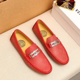 Versace Rouge Or Cuir Motif Greca Monogram Mocassin