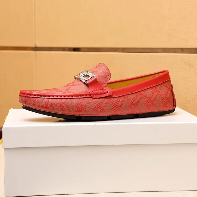 Versace Red Gold Leather Greca Monogram Pattern Loafer 2