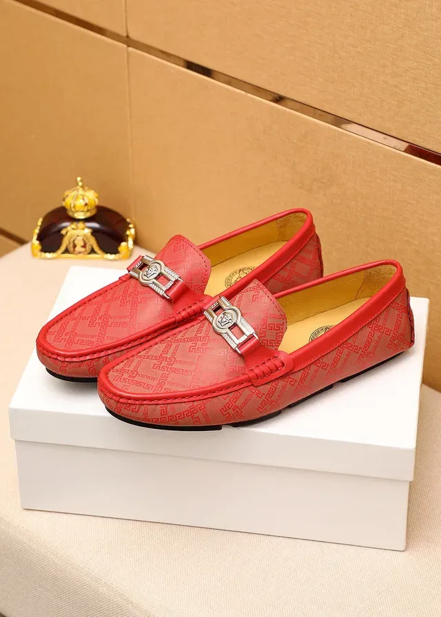 Versace Red Gold Leather Greca Monogram Pattern Loafer 4