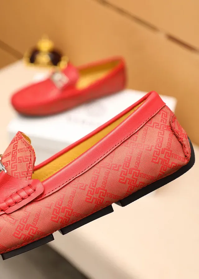 Versace Red Gold Leather Greca Monogram Pattern Loafer 5