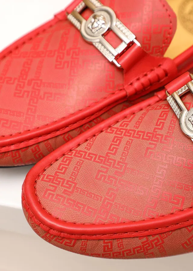 Versace Red Gold Leather Greca Monogram Pattern Loafer 6