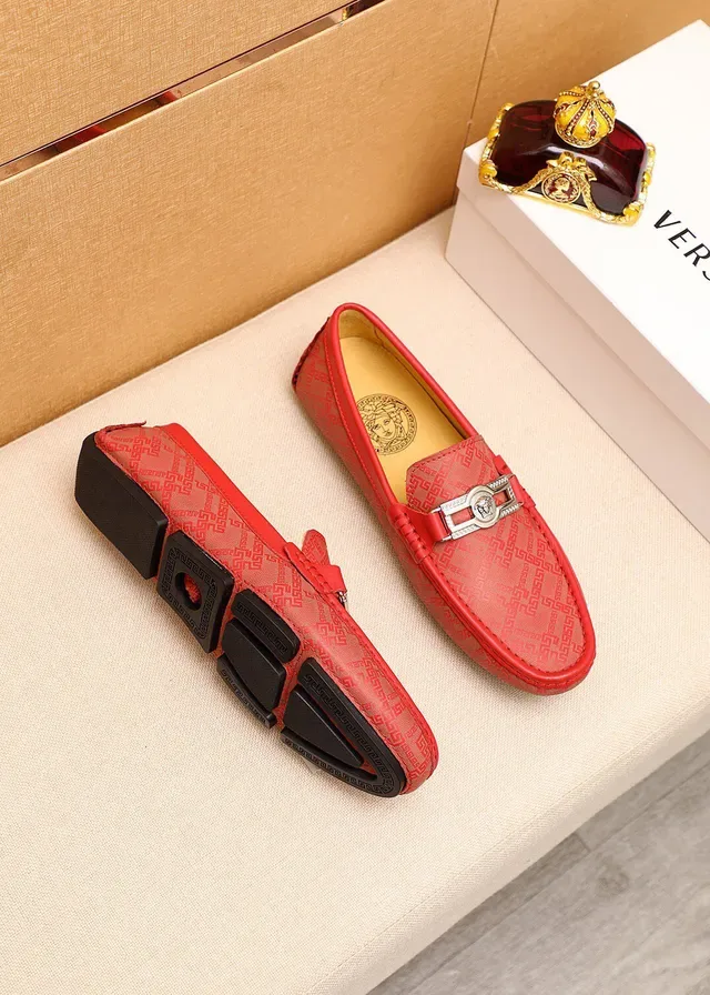 Versace Red Gold Leather Greca Monogram Pattern Loafer 8