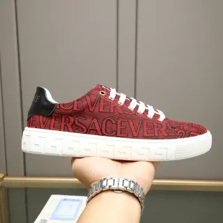 Versace Vermelho Branco Monogramado Textil Superior Padrão de Solado Greek Key Tênis Lifestyle