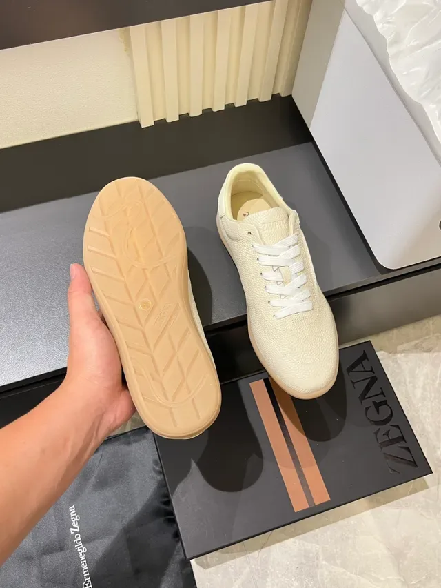 Zegna Bege Branco Couro Granulado Parte Superior Sola de Borracha Tênis Lifestyle 3