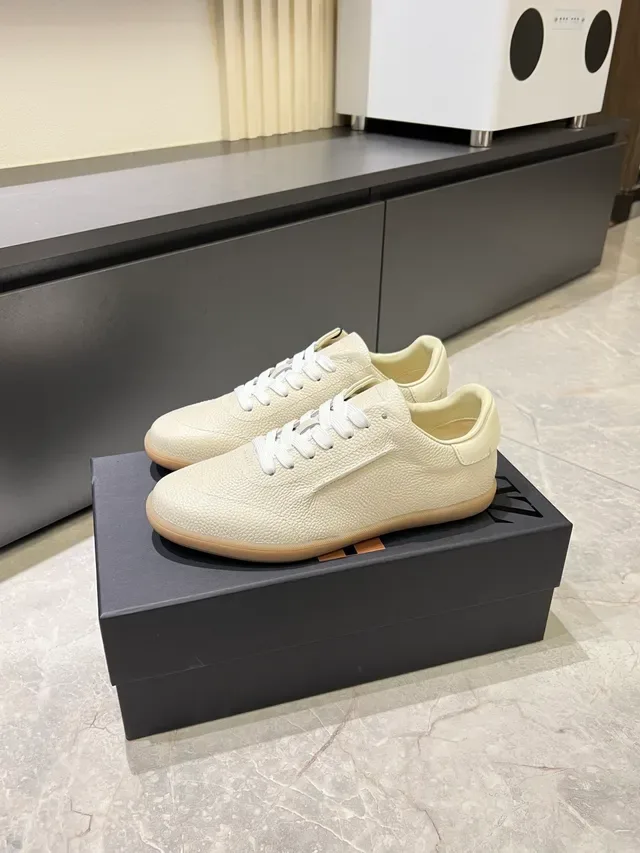 Zegna Bege Branco Couro Granulado Parte Superior Sola de Borracha Tênis Lifestyle 4
