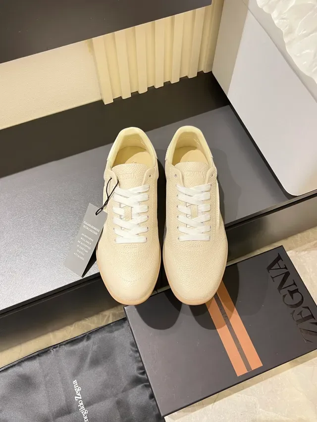 Zegna Bege Branco Couro Granulado Parte Superior Sola de Borracha Tênis Lifestyle 5