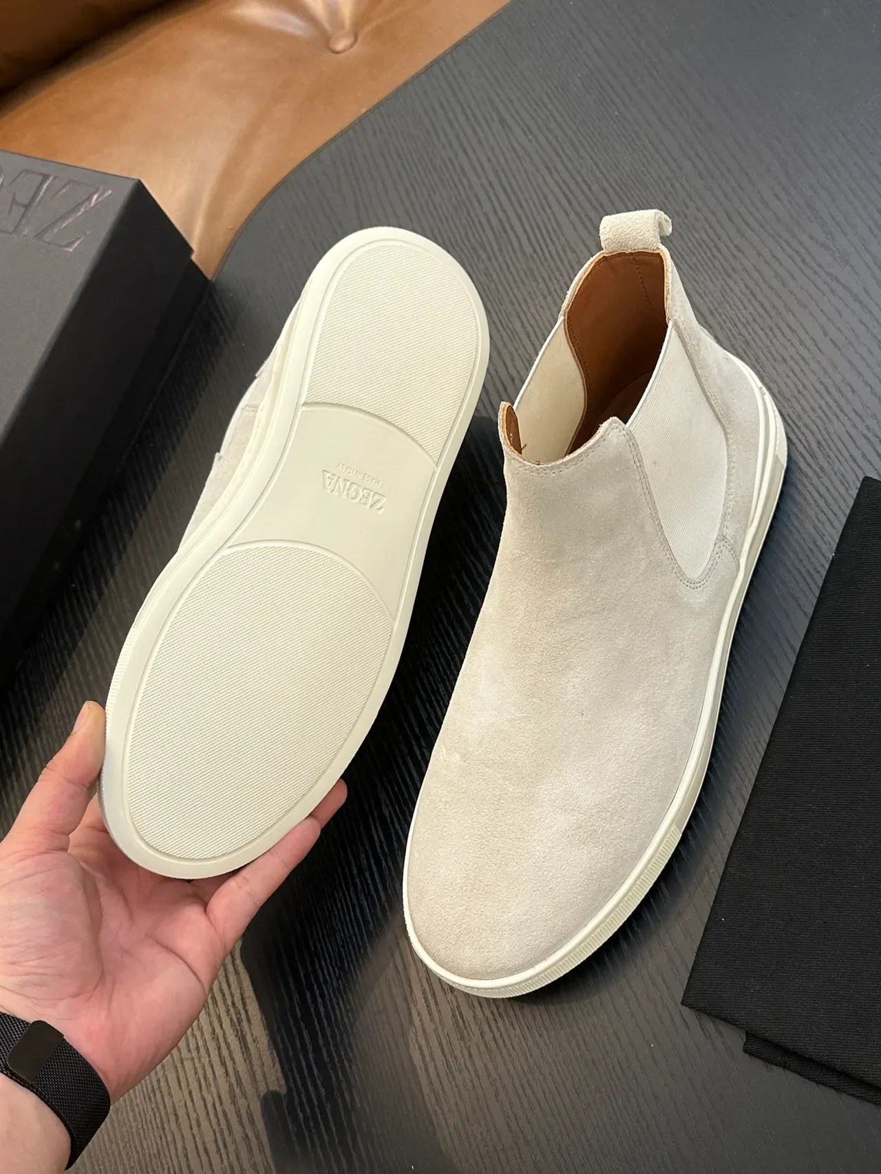 Zegna Beige White Suede Upper Elastic Side Panels Chelsea Boots 2