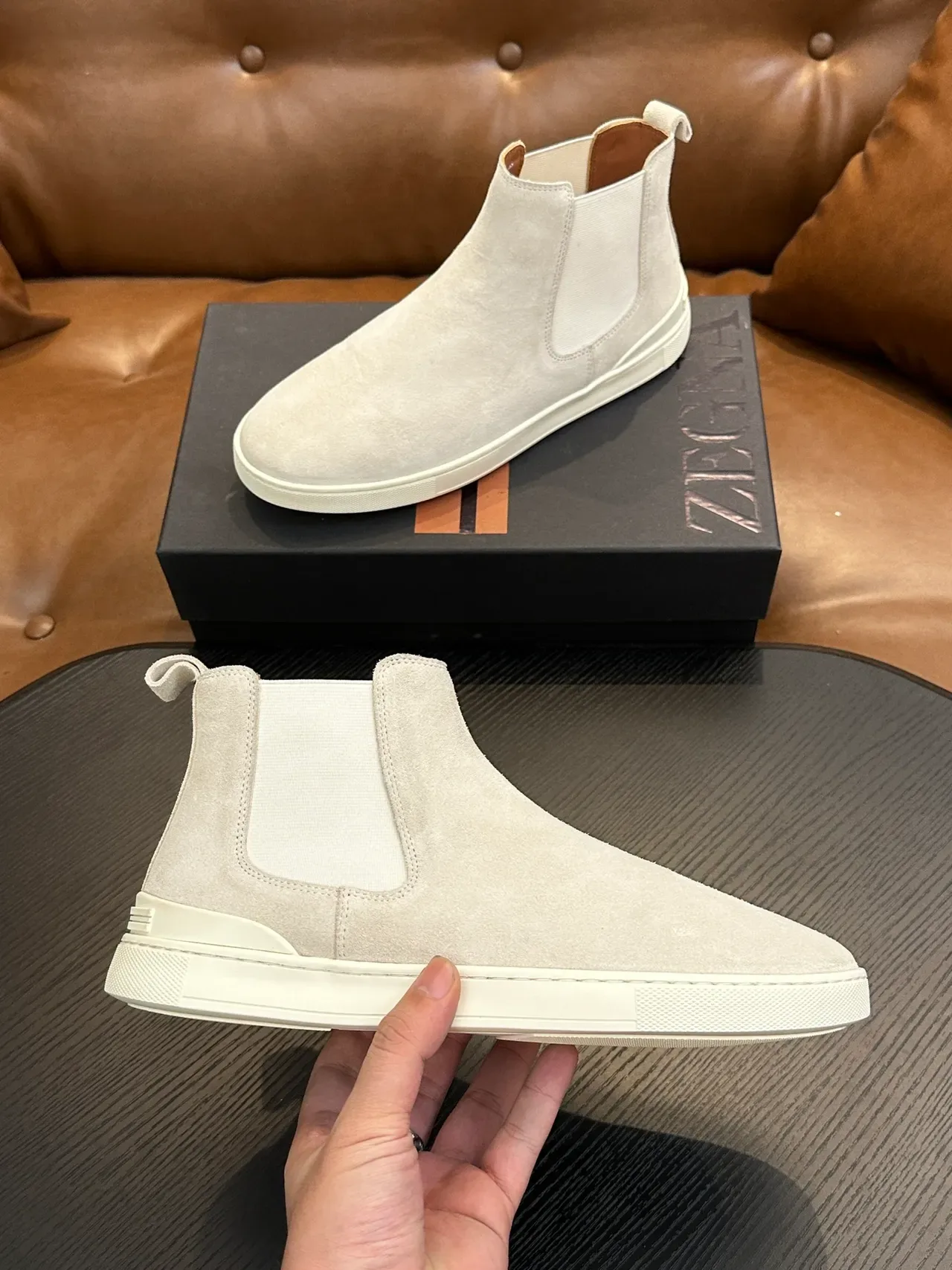 Zegna Beige White Suede Upper Elastic Side Panels Chelsea Boots 4