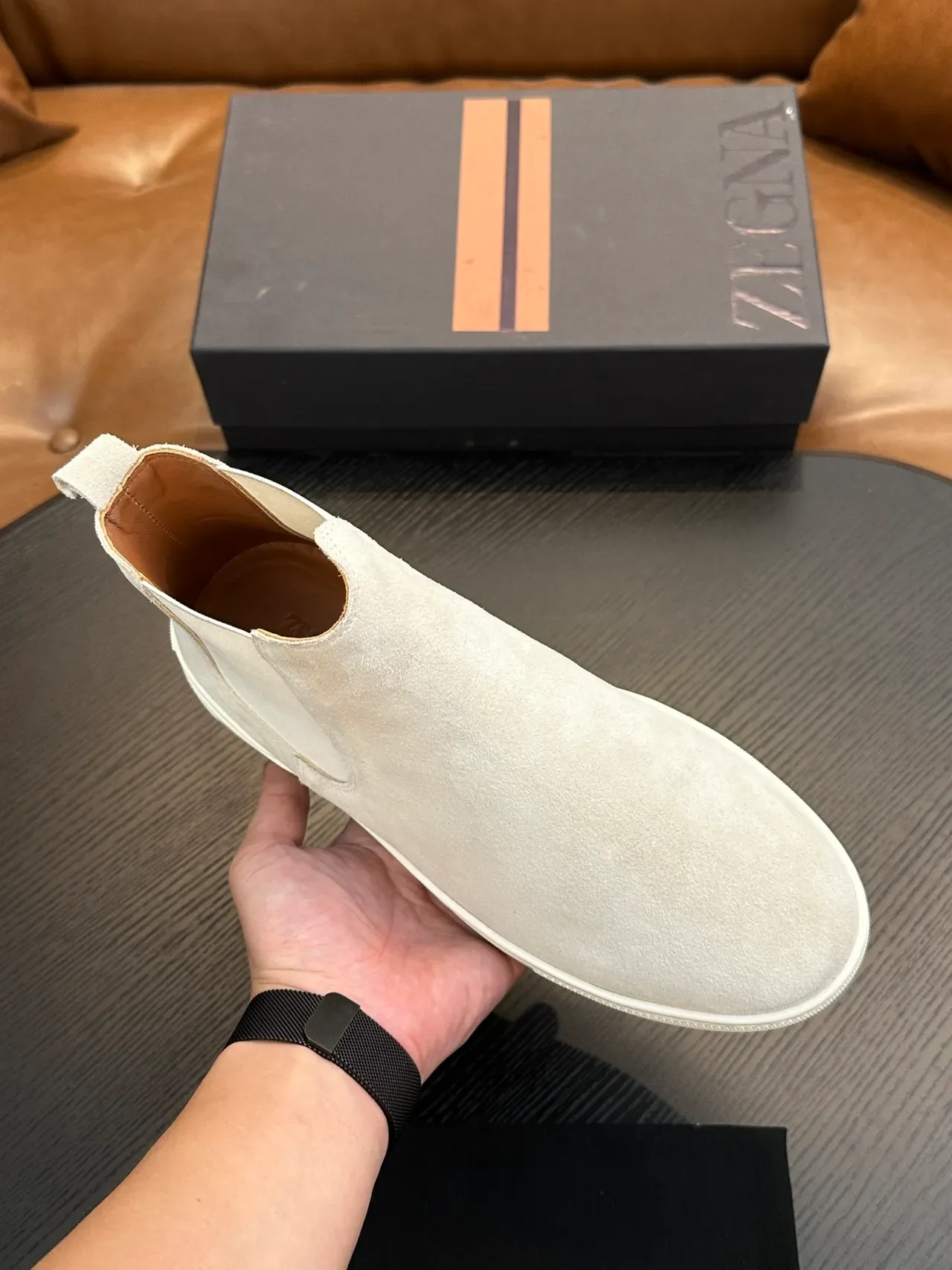 Zegna Beige White Suede Upper Elastic Side Panels Chelsea Boots 5