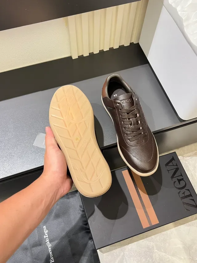 Zegna Marron Beige Cuir Pebbled Semelle Gomme Sneakers Lifestyle 3