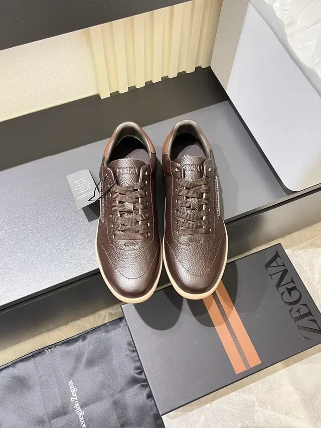 Zegna Marron Beige Cuir Pebbled Semelle Gomme Sneakers Lifestyle 5