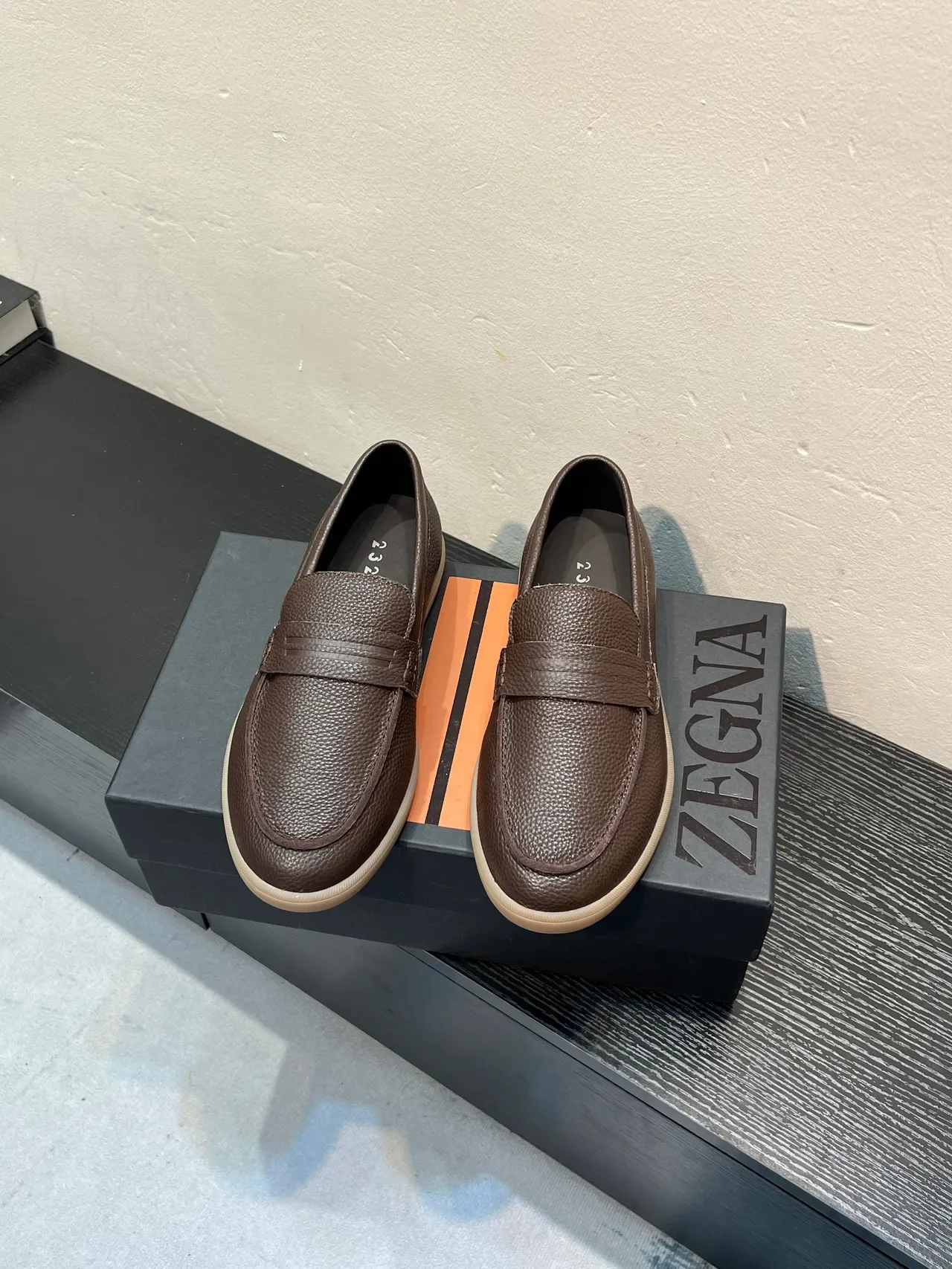 Zegna Brown Beige Pebbled Leather Penny Strap Loafer 2