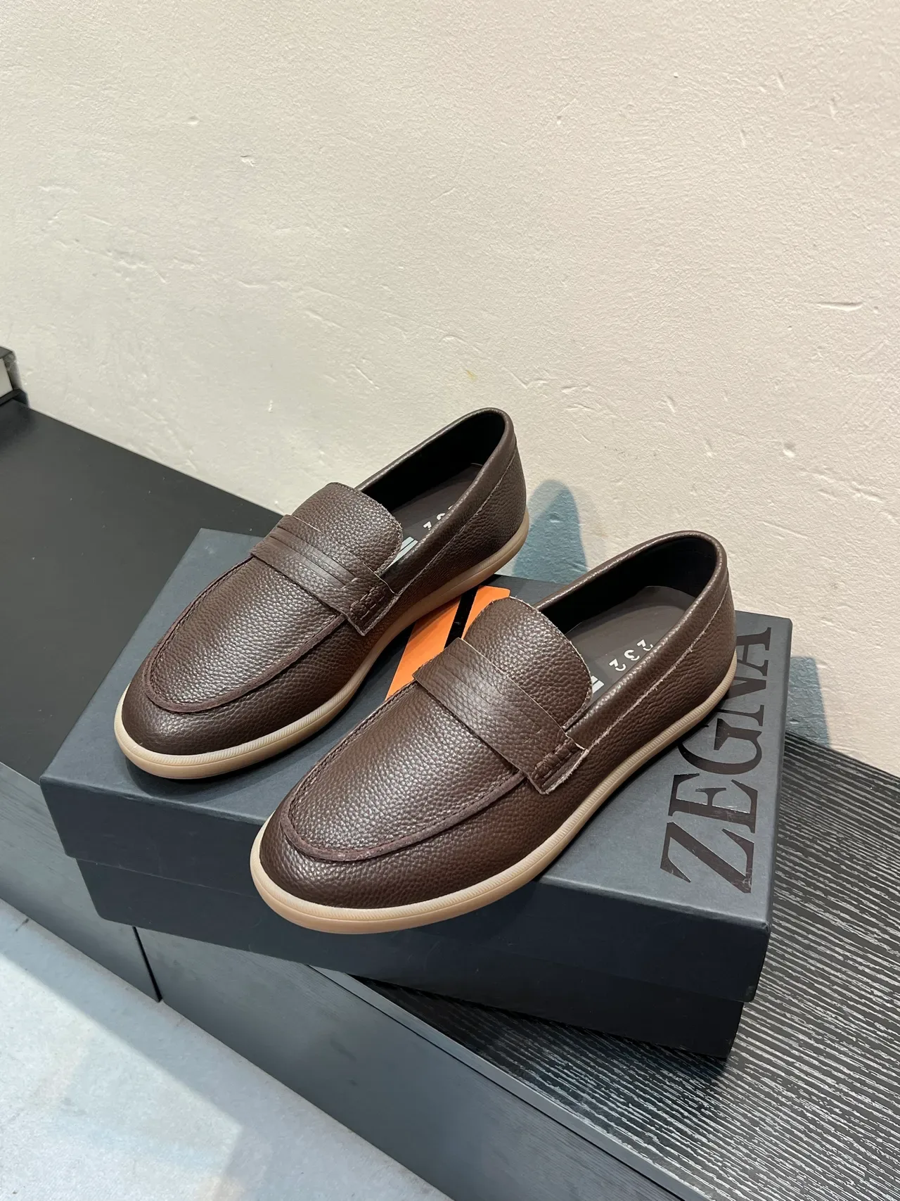 Zegna Brown Beige Pebbled Leather Penny Strap Loafer 3