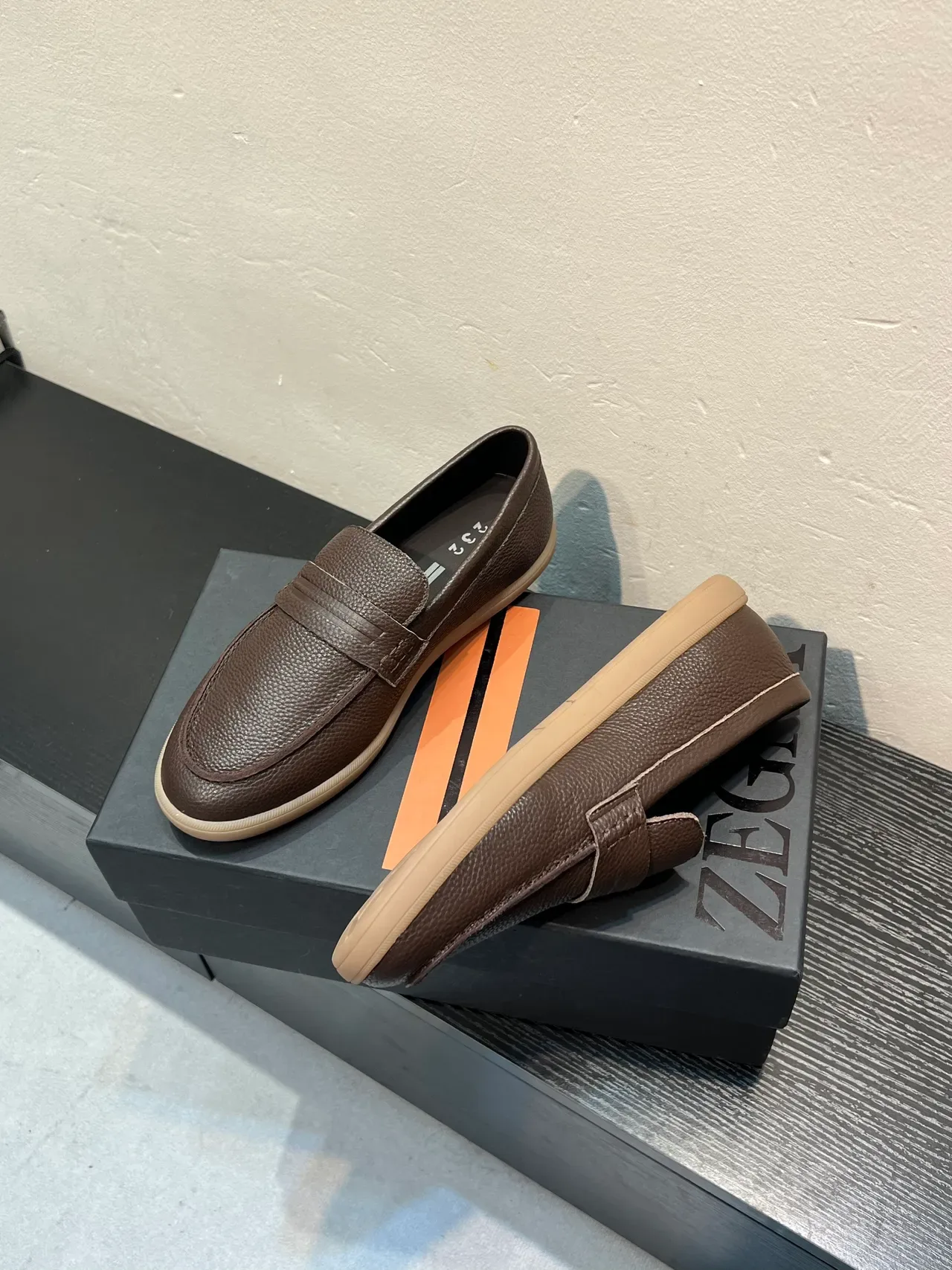 Zegna Brown Beige Pebbled Leather Penny Strap Loafer 4