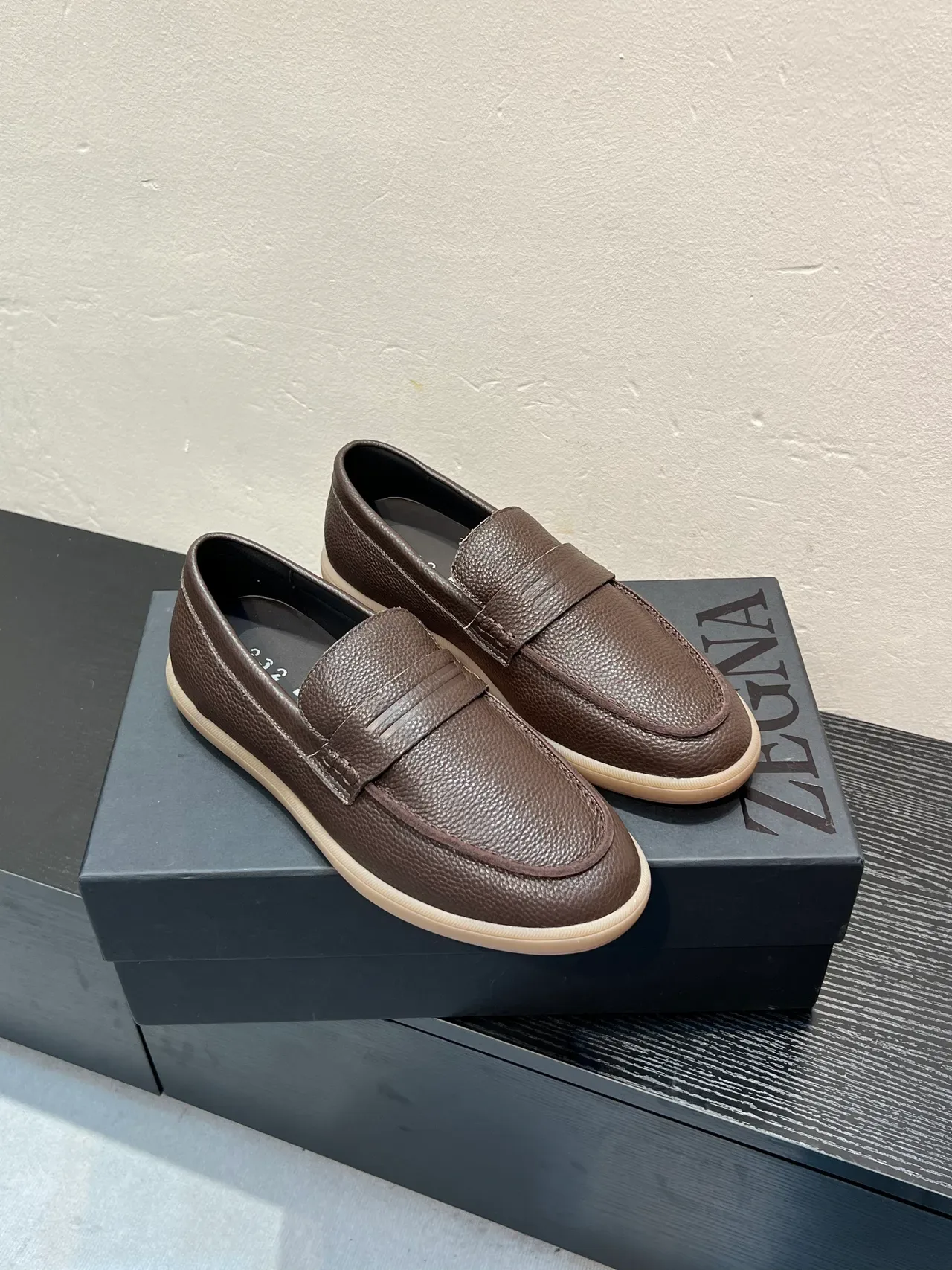 Zegna Brown Beige Pebbled Leather Penny Strap Loafer 5