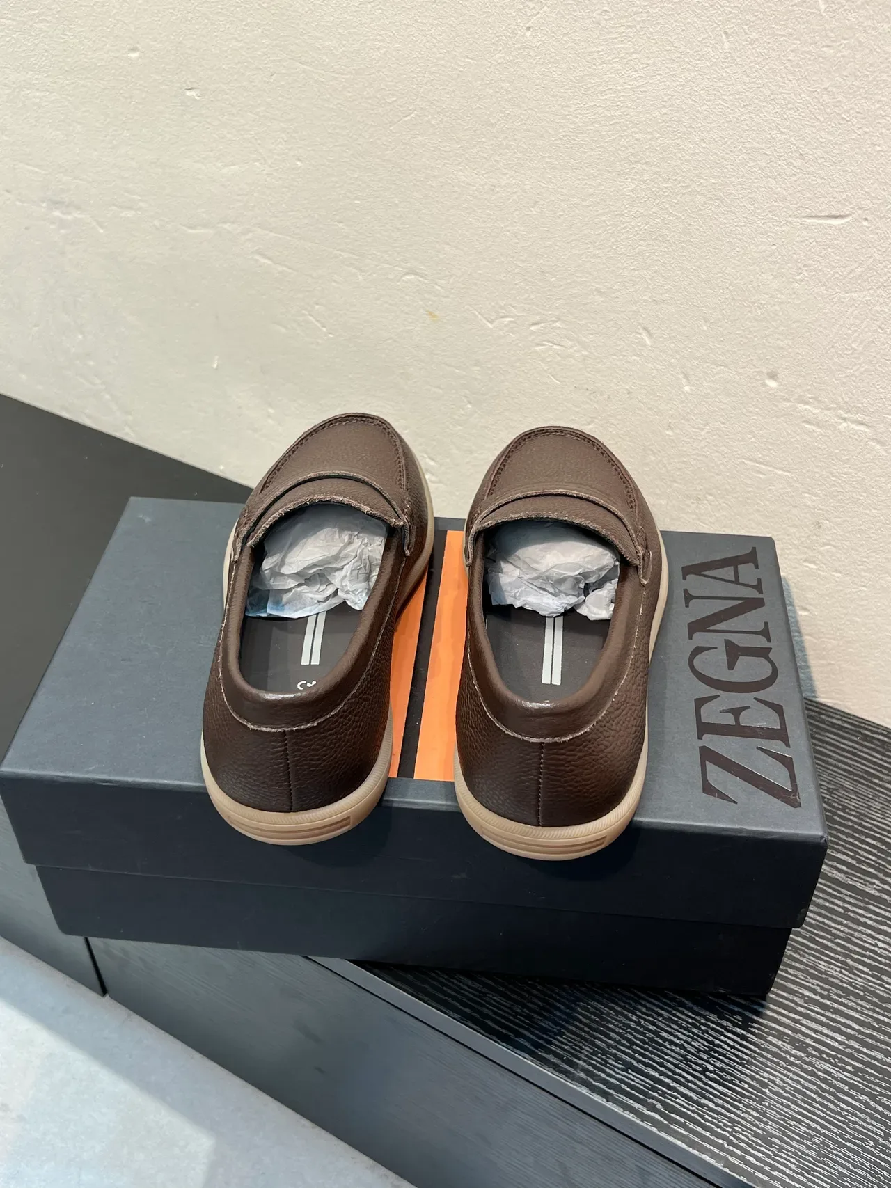Zegna Brown Beige Pebbled Leather Penny Strap Loafer 6