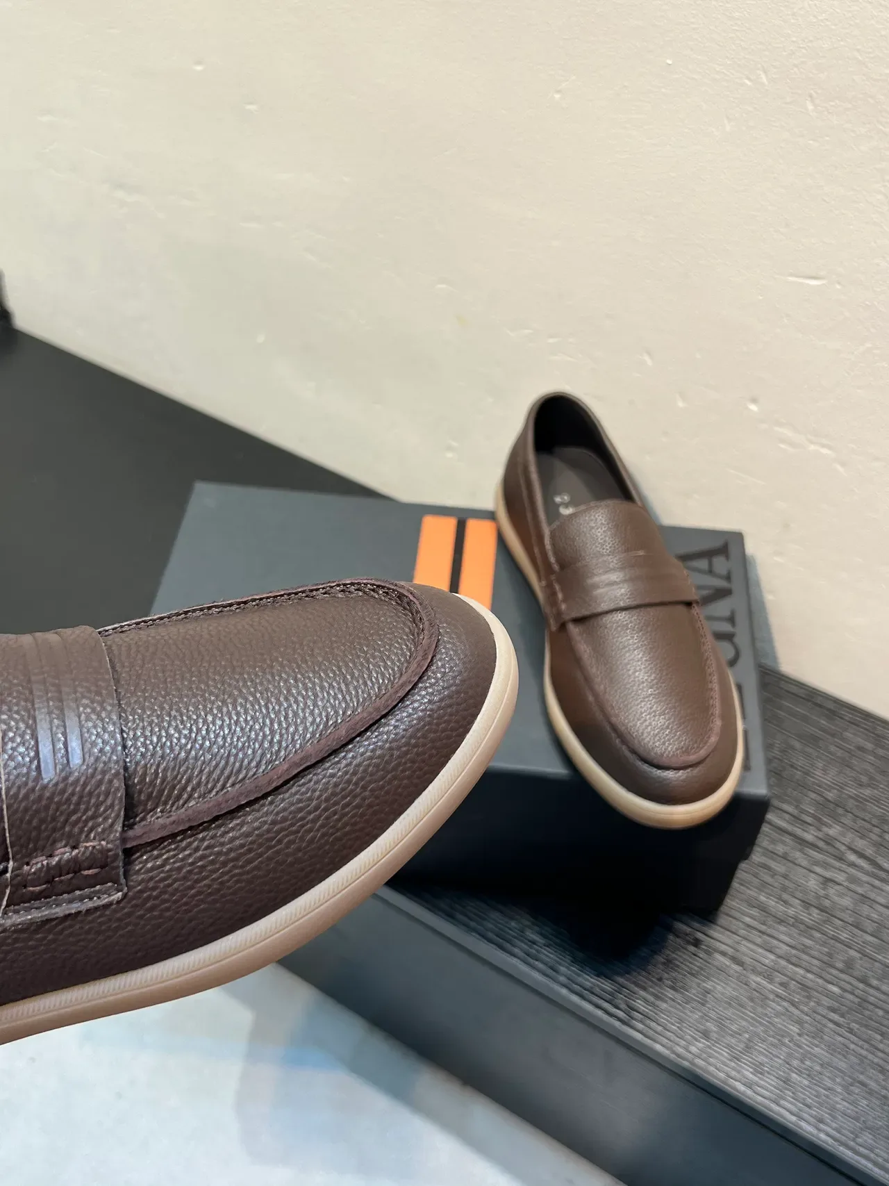 Zegna Brown Beige Pebbled Leather Penny Strap Loafer 8