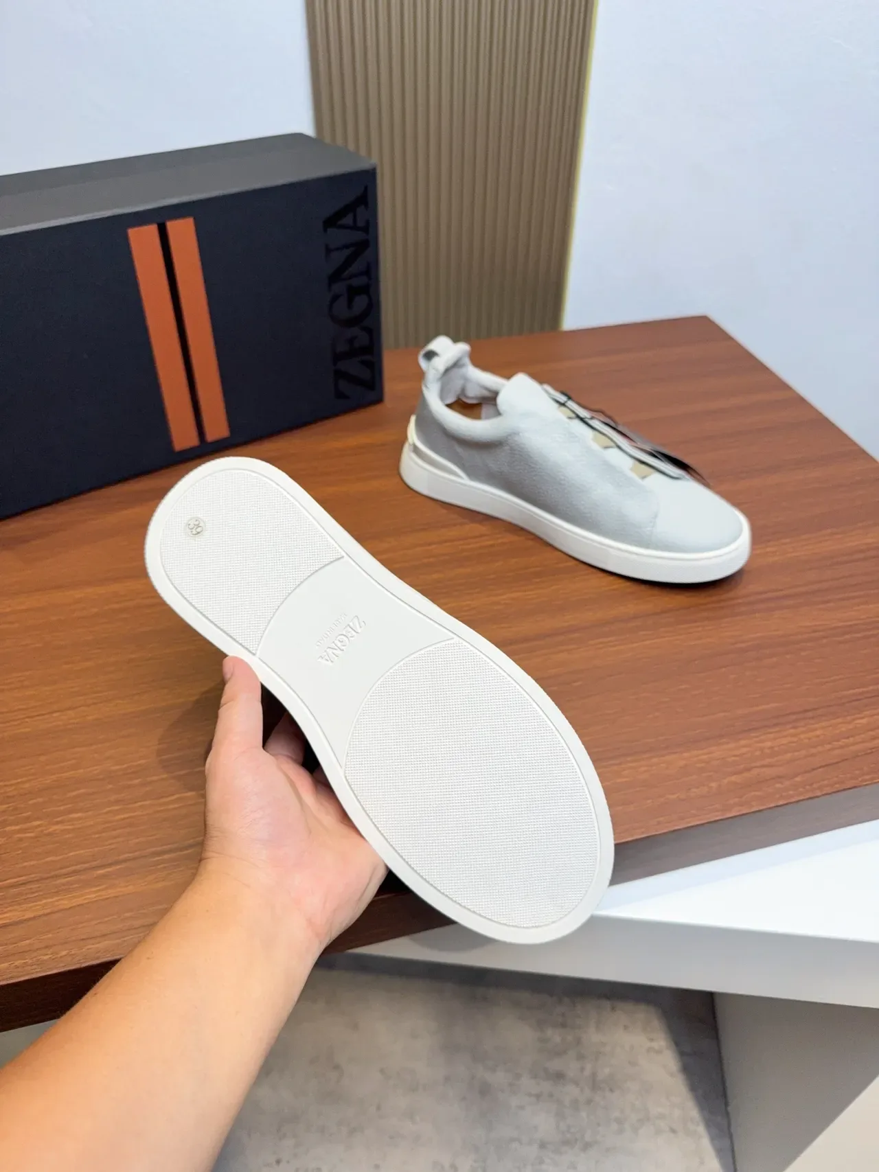 Zegna Gray Beige Textured Pebbled Upper Slip-On Construction Sneakers 2