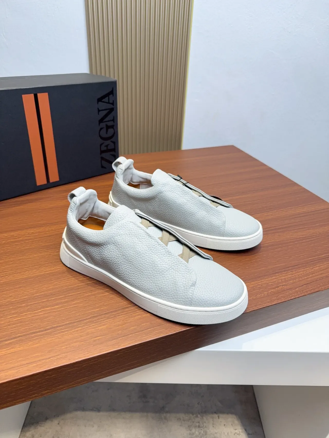 Zegna Gray Beige Textured Pebbled Upper Slip-On Construction Sneakers 4