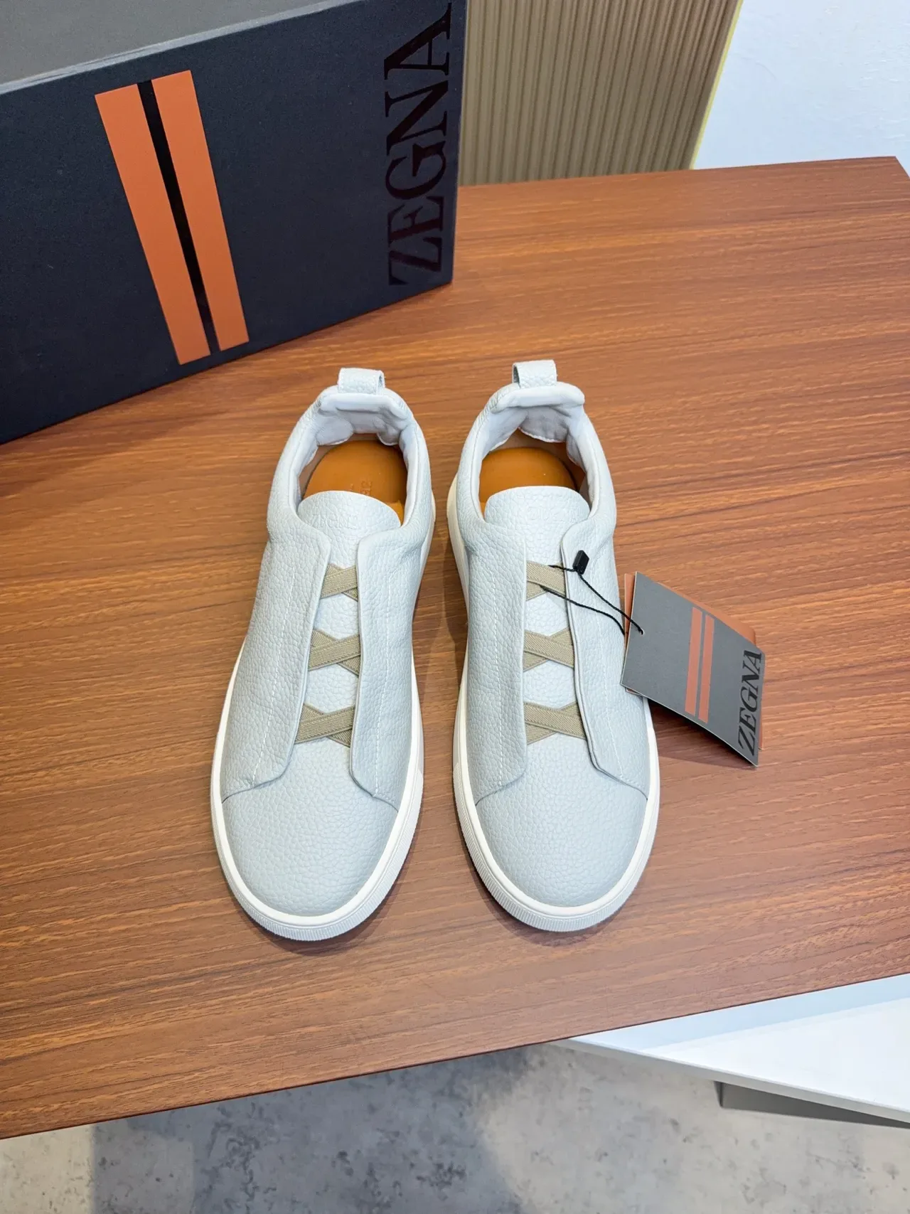Zegna Gray Beige Textured Pebbled Upper Slip-On Construction Sneakers 5