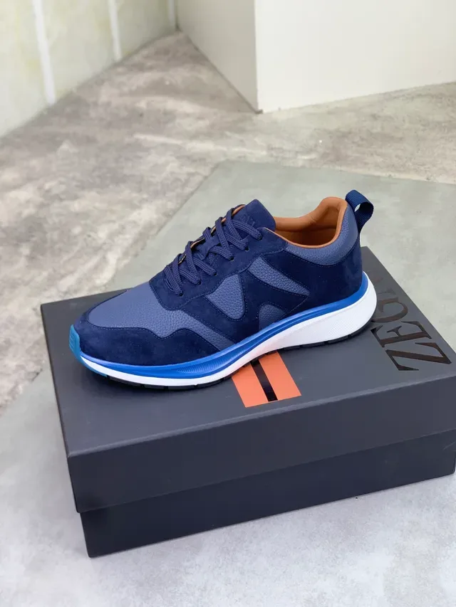 Zegna سنيكرز Navy و Blue مختلط المواد نمط حياة 6