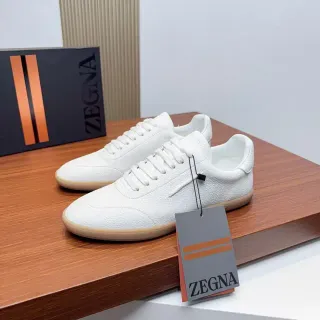 Zegna सफेद भूरे टेक्स्चर्ड अपर गम रबर सोल लाइफस्टाइल स्नीकर्स