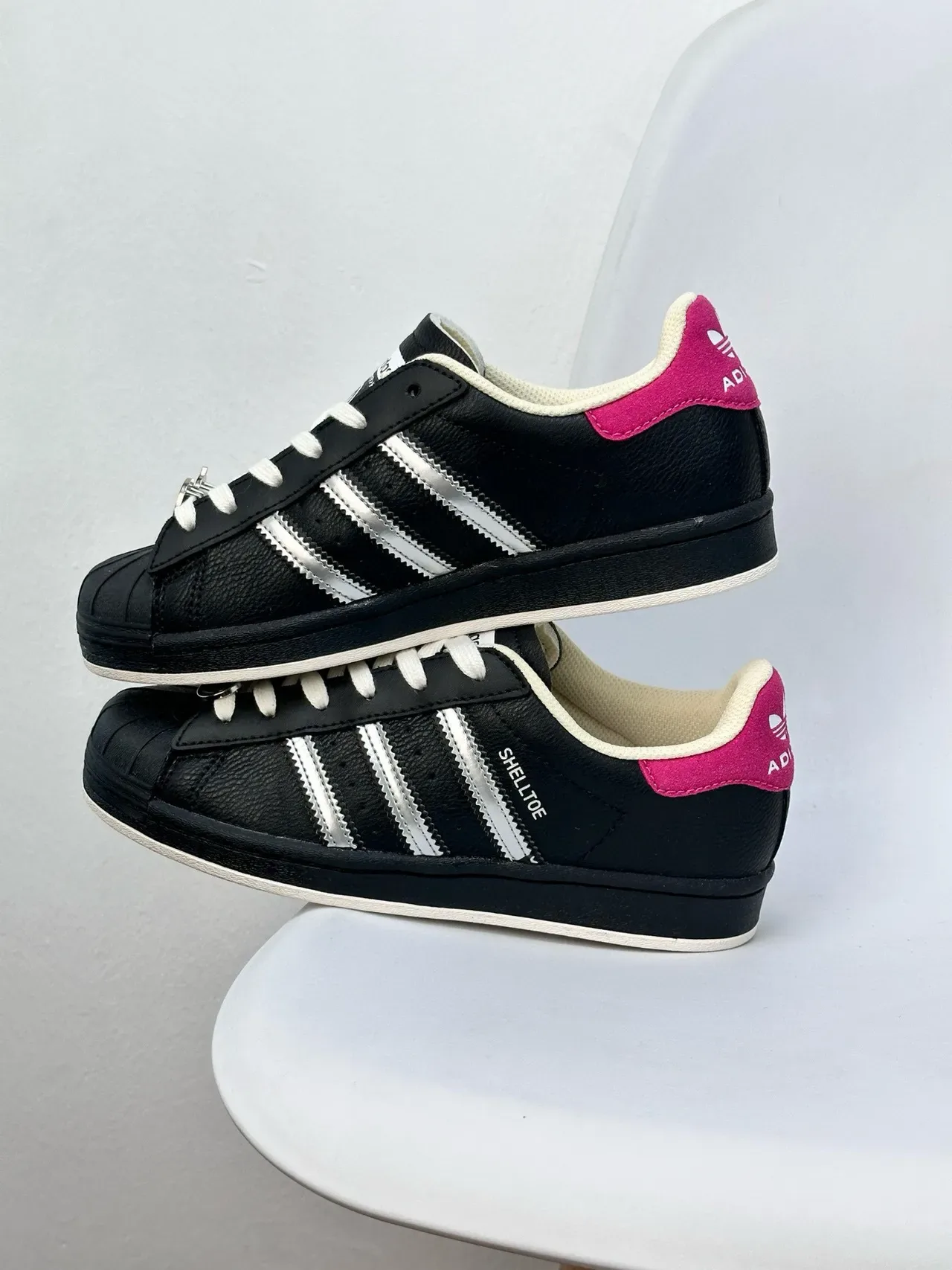Adidas Black Pink Shell-Toe Rubber Cap Metallic Silver Three Stripes Lifestyle Sneakers 6