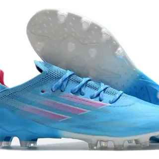Adidas 蓝粉低帮针织面不对称系带硬地足球鞋