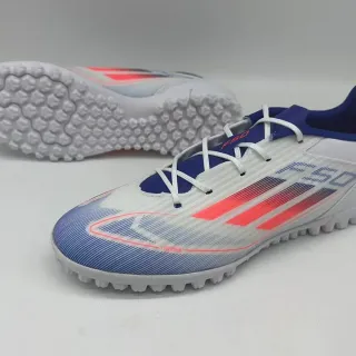Adidas F50 Branco Azul Low-Cut Synthetic FiberSkin Upper Turf Sapatos de Futebol