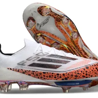 Adidas F50 Zapatos de fútbol blanco naranja low-cut upper de punto con overlay de puntos suela firme