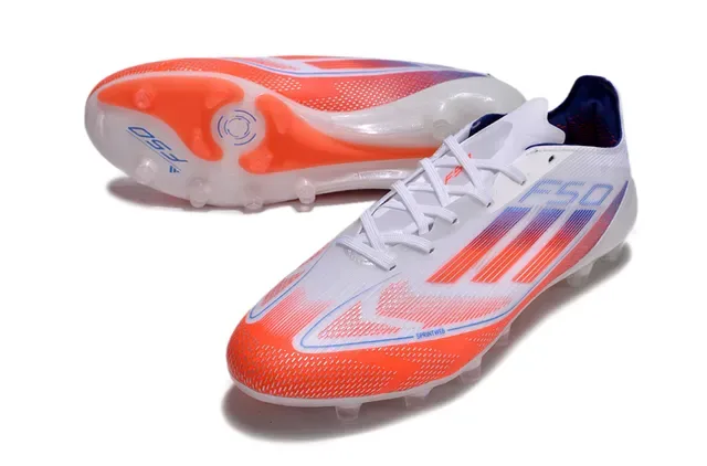 Adidas F50 Low-Cut Speed Cleat Branco Laranja Upper Sintético Textil Para terreno firme Sapatos de futebol 5