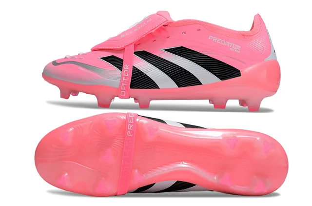 Adidas Predator Sapatos de futebol rosa preto de corte baixo com upper sintético com relevo overlay de três listras para terreno firme 6