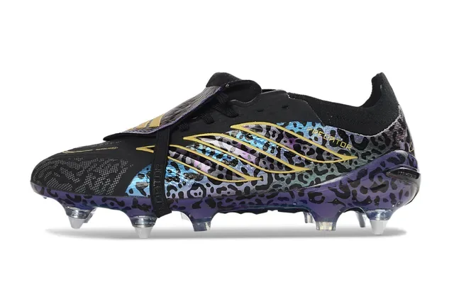 Adidas Predator Violet Or Sans Lacets Sangle TPU Imprimé Léopard Iridescent Chaussures de Football Terrain Ferme 7