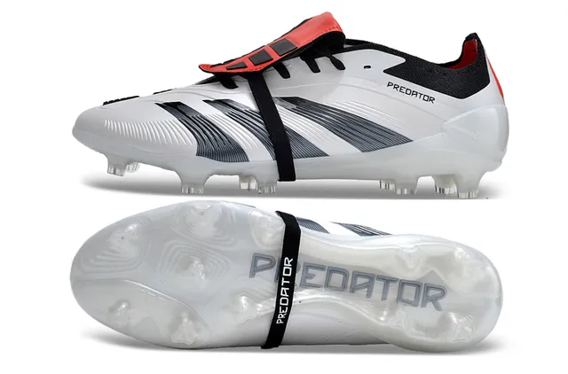 Adidas Predator सफेद काला लेसलेस स्ट्रैप क्लोजर तीन स्ट्राइप फर्म ग्राउंड फुटबॉल जूते 6