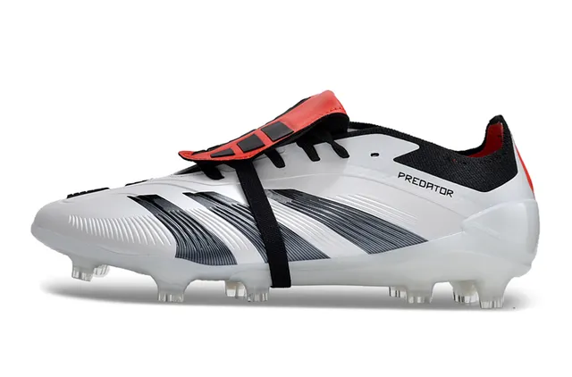 Adidas Predator सफेद काला लेसलेस स्ट्रैप क्लोजर तीन स्ट्राइप फर्म ग्राउंड फुटबॉल जूते 7