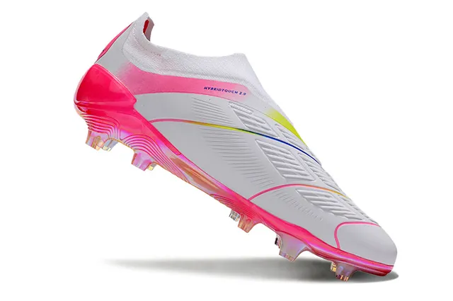Adidas Predator Tênis de Futebol Branco Rosa Baixo Corte Colar Ajuste Meia Listras Iridescentes Gradientes Campo Firme 2