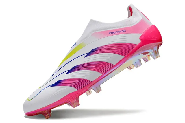Adidas Predator Tênis de Futebol Branco Rosa Baixo Corte Colar Ajuste Meia Listras Iridescentes Gradientes Campo Firme 3