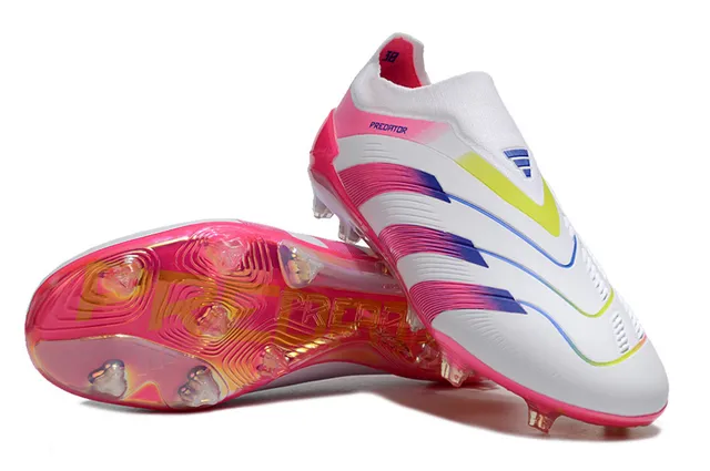Adidas Predator Tênis de Futebol Branco Rosa Baixo Corte Colar Ajuste Meia Listras Iridescentes Gradientes Campo Firme 4