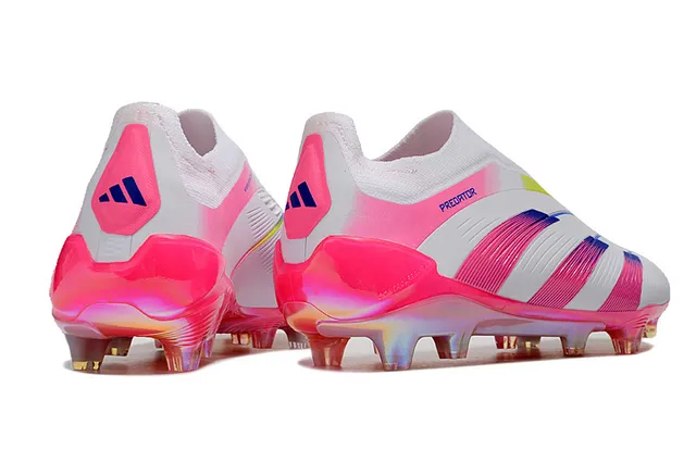 Adidas Predator Tênis de Futebol Branco Rosa Baixo Corte Colar Ajuste Meia Listras Iridescentes Gradientes Campo Firme 5