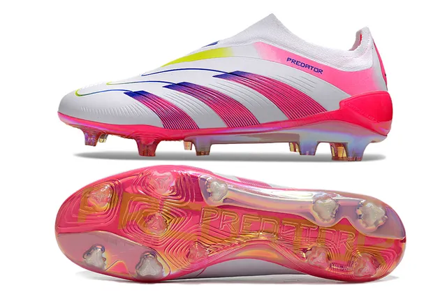 Adidas Predator Tênis de Futebol Branco Rosa Baixo Corte Colar Ajuste Meia Listras Iridescentes Gradientes Campo Firme 6