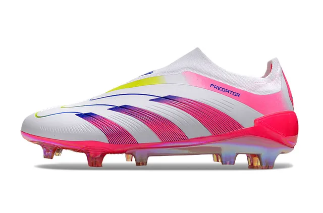 Adidas Predator Tênis de Futebol Branco Rosa Baixo Corte Colar Ajuste Meia Listras Iridescentes Gradientes Campo Firme 7